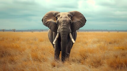 Sticker - Majestic African Elephant With Powerful Tusks in Vibrant Savannah Landscape