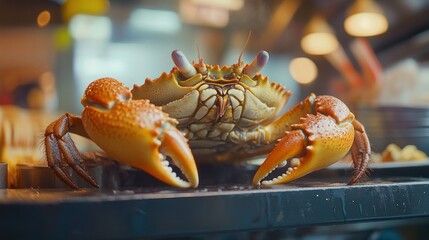 a crab managing a seafood restaurant,