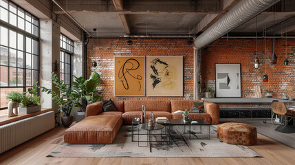 Sticker - Modern Loft Interior Design with Exposed Brick Walls