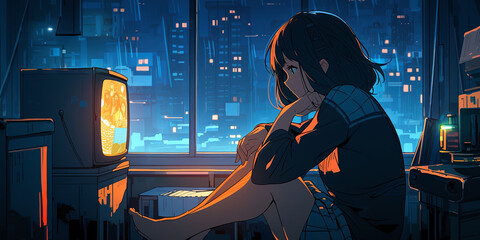 Wall Mural - Anime Girl Watching TV Alone at Night in Lo-Fi Setting