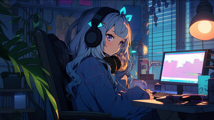 Wall Mural - Anime Girl with Headphones Working Late in Lo-Fi Setting