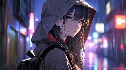 Wall Mural - Anime Girl in Hooded Jacket Walking in the Rainy City