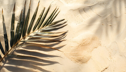 Wall Mural - Copy space of shadow palm leaf on sand beach texture background