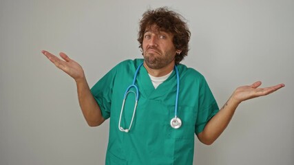 Canvas Print - Young man with stethoscope looking clueless and confused, raising hands with puzzled expression, standing over isolated white background