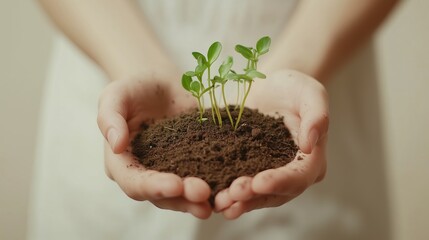 Wall Mural - Hands holding healthy green seedlings in dark soil indoors during daylight