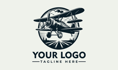 Vintage biplane with propeller is a classic vector logo suitable for aviationthemed designs and historical publications.