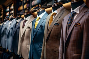 A row of suits are displayed in a store window