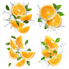 Wall Mural - Set of fresh delicious oranges splashing with leaves, cut out