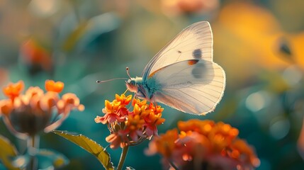 Sticker - Graceful Butterfly Resting on Vibrant Floral Garden in Serene Nature Scene