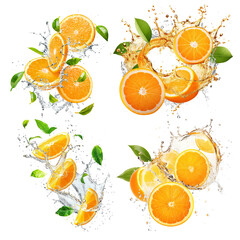 Wall Mural - Set of fresh delicious oranges splashing with leaves, cut out