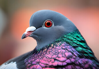 Wall Mural - Close-up of a pigeon with iridescent feathers and a blurred background