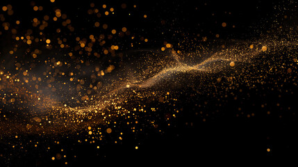 Wall Mural - .gold confetti and particles floating in air on black background.