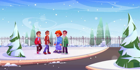 Teen boys in warm winter clothes meet together in city park covered with snow. Cartoon vector illustration of teenagers friends walk in snowy public urban garden with trees, fence and pathway.