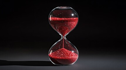 A glass hourglass with red sand falling steadily, the glittering grains creating a striking visual against the dark.