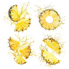 Wall Mural - Set of fresh delicious pineapple pieces splashing in juice, cut out