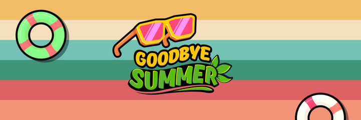 Super Goodbye summer vector banner with text and retro yellow sunglasses isolated on stripped background. Goodbye summer poster design template with cartoon sunglasses, beach, water pool