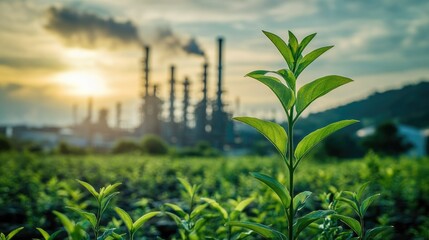 Green plant in the foreground contrasts with a sprawling oil refinery in the background, highlighting industry vs. nature.