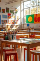 Wall Mural - A bright and colorful art classroom with clean tables and untouched supplies,