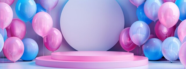 Wall Mural - Stage with blue and pink balloons. Gender reveal party concept illustration with copyspace for your text.