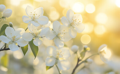 Wall Mural - Soft white cherry blossoms in full bloom on branches with a dreamy, pastel background.