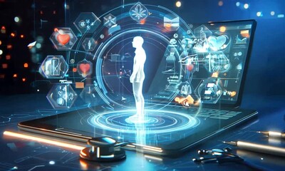 Futuristic Holographic Human Interface with Digital Data and Technology: Ideal for AI, Healthcare Innovation, Virtual Reality, and Advanced Medical Technology Content in Sci-Fi Settings