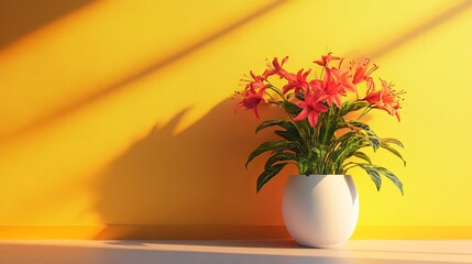 Wall Mural - A white vase with red flowers sits on a yellow wall