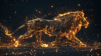 Digitally generated image of the Leo symbol with stars against a black background, representing zodiac signs, constellations, and horoscope themes.