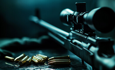 Close-up of a sniper rifle with bullets on a dimly lit surface.