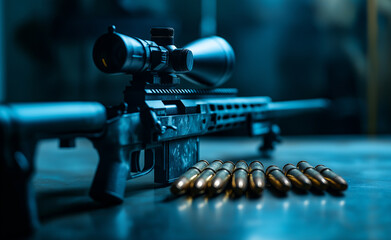 Close-up of a sniper rifle with bullets on a dimly lit surface.