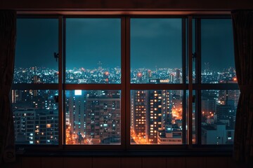 Poster - Window see city night architecture cityscape building.