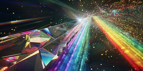 Prism splitting white light into different colors on black background close-up in hyperrealistic style, colors appear bright and colorful.