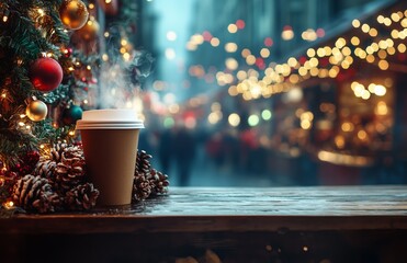 A cozy Christmas market stall offering steaming hot coffee, festive sweets, and holiday decorations