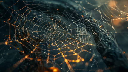 Close-up illustration of a spider's complex web and intricate legs, capturing fine details,