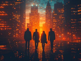 Wall Mural - A futuristic cityscape illuminated by abstract light patterns in dark turquoise and dark red, highlighting towering skyscrapers and the interconnectedness of humanity