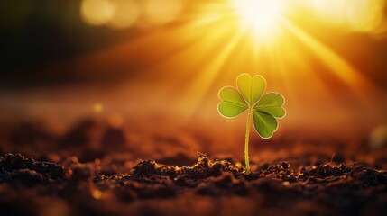 Wall Mural - A young clover plant emerges from rich soil under a golden sunset in a tranquil outdoor setting