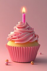 Delicious Pink Frosted Cupcake with Lit Candle on Pastel Background - Perfect for Celebrations and Birthdays