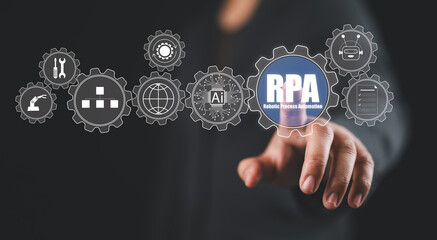 Fototapete - RPA, Robotic Process Automation System Concept. Businessman interacts with RPA icons, representing robotic process automation and modern technology integration in business. optimisation innovation