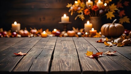 Wall Mural - Wooden table with autumn decorations. Candles, leaves and pumpkin in background