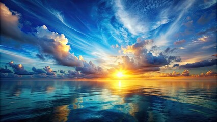 Cloudy sky painting with blue ocean and setting sun in the background, clouds, sky, painting, ocean, sunset, sun, blue