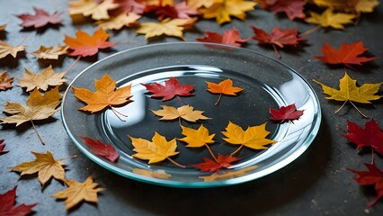 Wall Mural - Autumn leaves on and around a glass plate