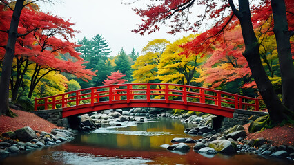 Wall Mural - Typical autumn landscape in Japan. Wooden red bridge on a river. Colored trees background.