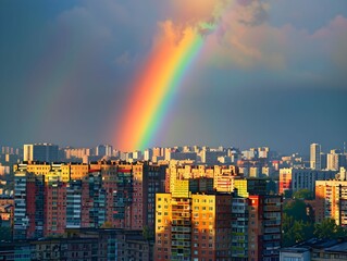 Wall Mural - A vibrant rainbow arches over city buildings in the late afternoon sky after a rain shower