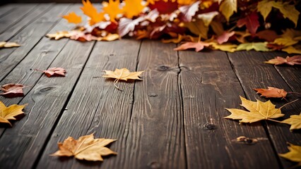 Wall Mural - Autumn leaves on wooden table