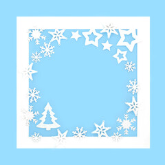 Canvas Print - Fantasy Christmas background design with tree stars and snowflakes on blue with white frame. Magical winter wonderland border for the holiday season.