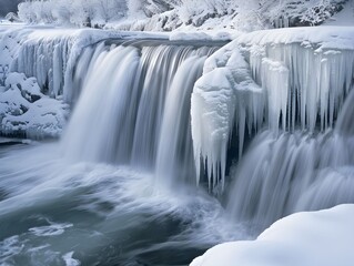 Wall Mural - Icy waterfall cascading amidst winter scenery in a snowy landscape