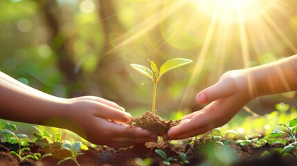 hand children holding young plant with sunlight on green nature background. concept eco earth day