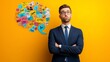 © fotofabrika - Man in a suit stands thoughtfully against a bright yellow background, surrounded by colorful speech bubbles representing various ideas and concepts