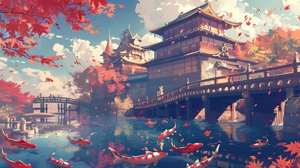 Wall Mural - Japanese Garden with Koi Fish and Autumn Foliage.