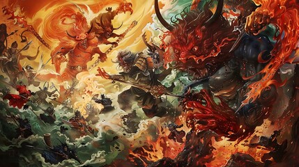 Sticker - Fantasy Battle Scene with Fiery Demons and Warriors.