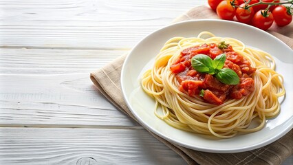 Spaghetti with tomato sauce on a white plate, pasta, Italian food, meal, cuisine, red sauce, noodles, delicious, dinner